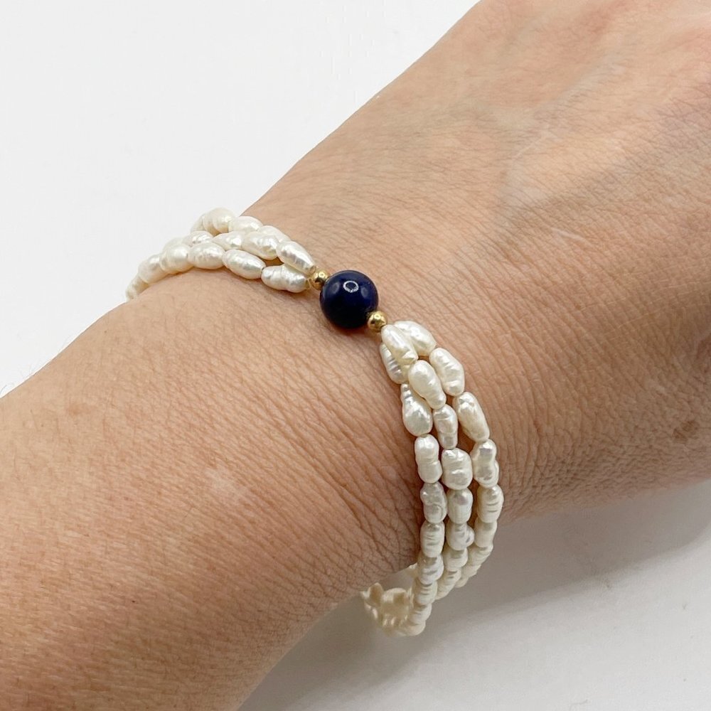 NIB Tripe Strand Vintage Freshwater Rice Pearl 14K Gold Lapis Bead Bracelet 7.5"